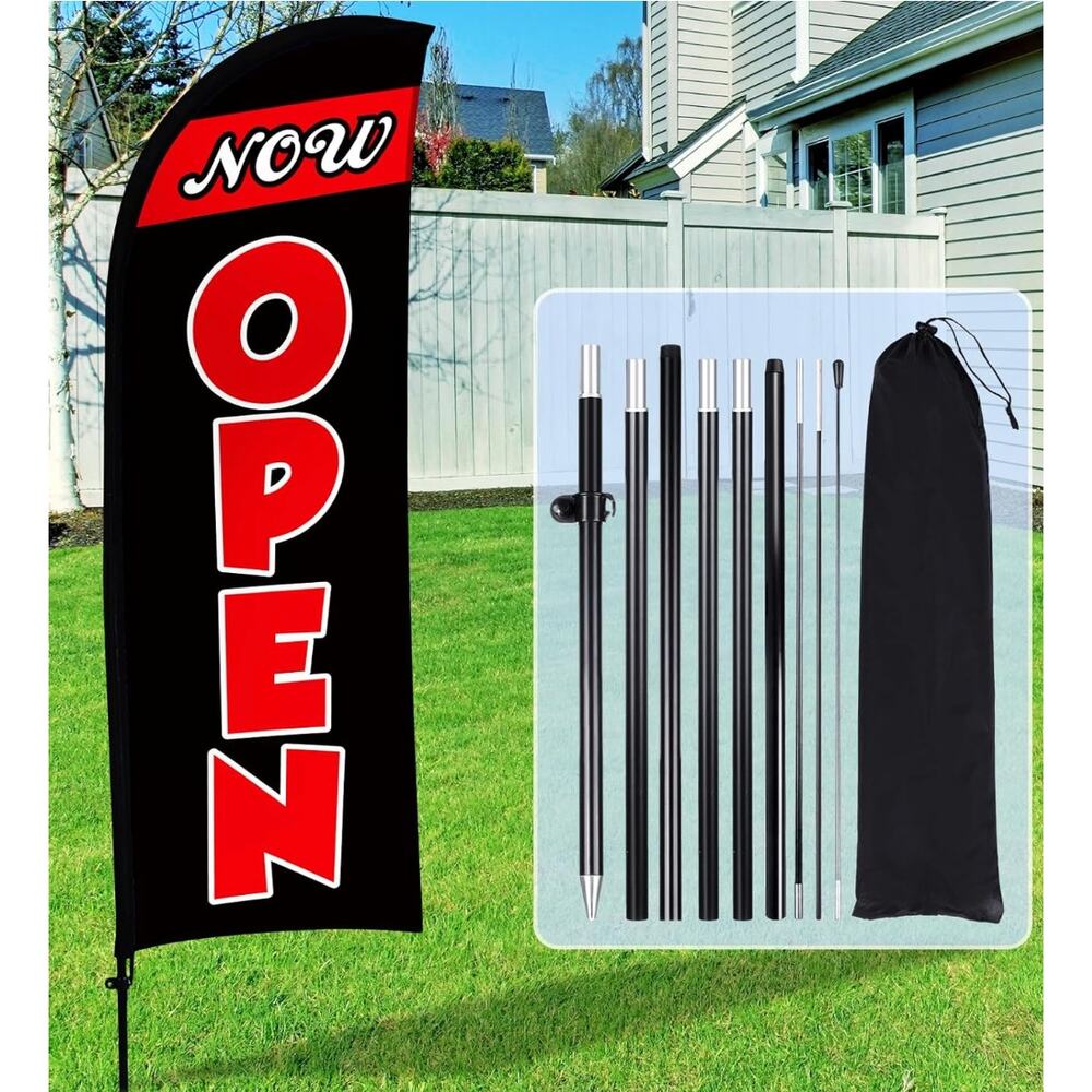 Now Open Flag Banner with Flagpole Ground Stake Portable Bag